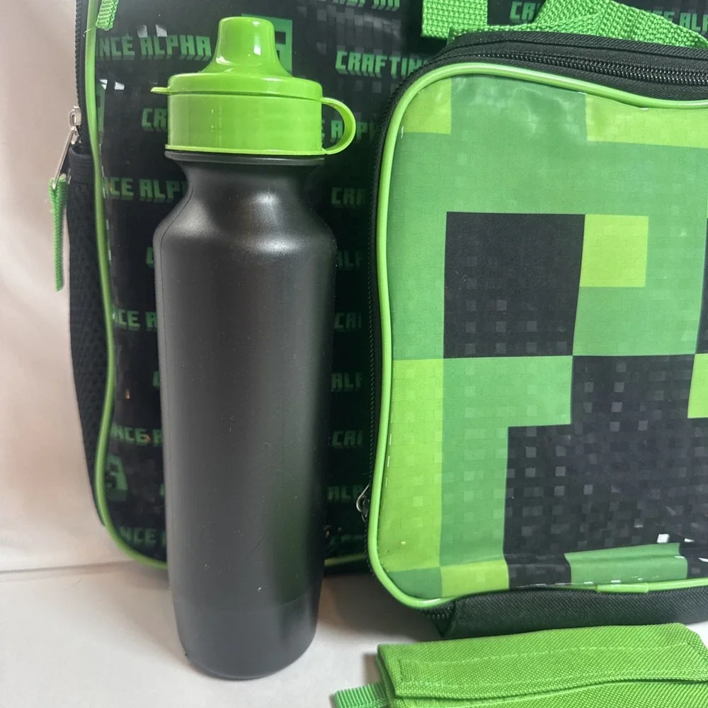 Children Minecraft Creeper Backpack Lunch Box Water Bottle Extra Pouch Boy‎ Girl